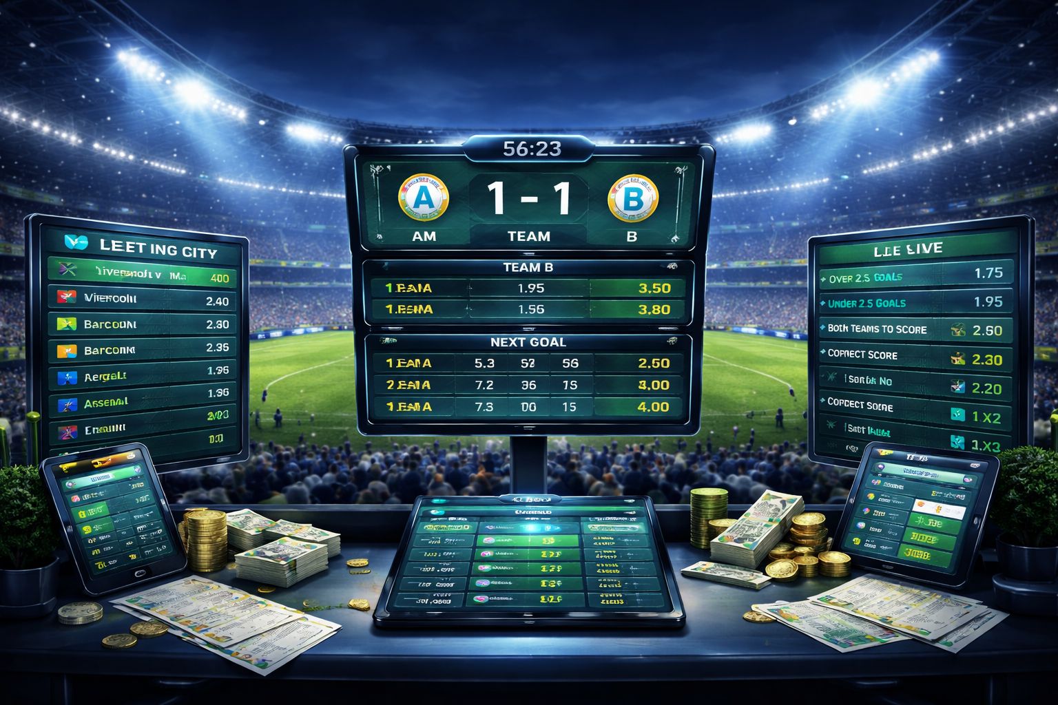 Interfaz de apuestas de fútbol AYAO con cuotas en vivo y lista de eventos