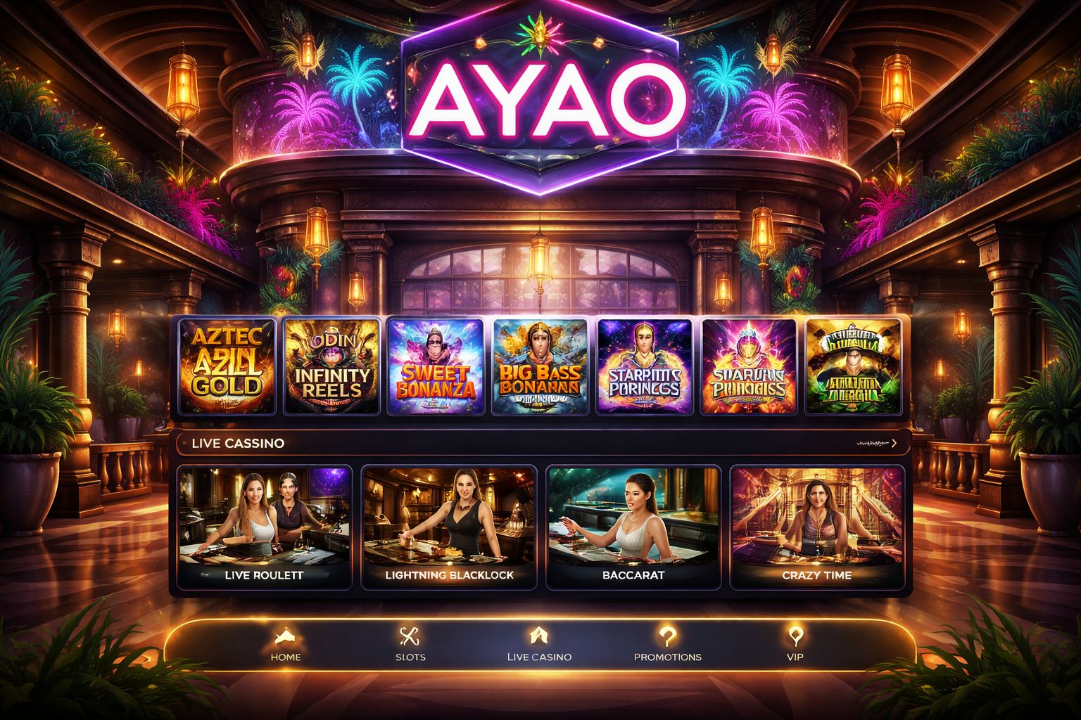 Vestíbulo de AYAO Casino con juegos en vivo y categorías de tragamonedas para México
