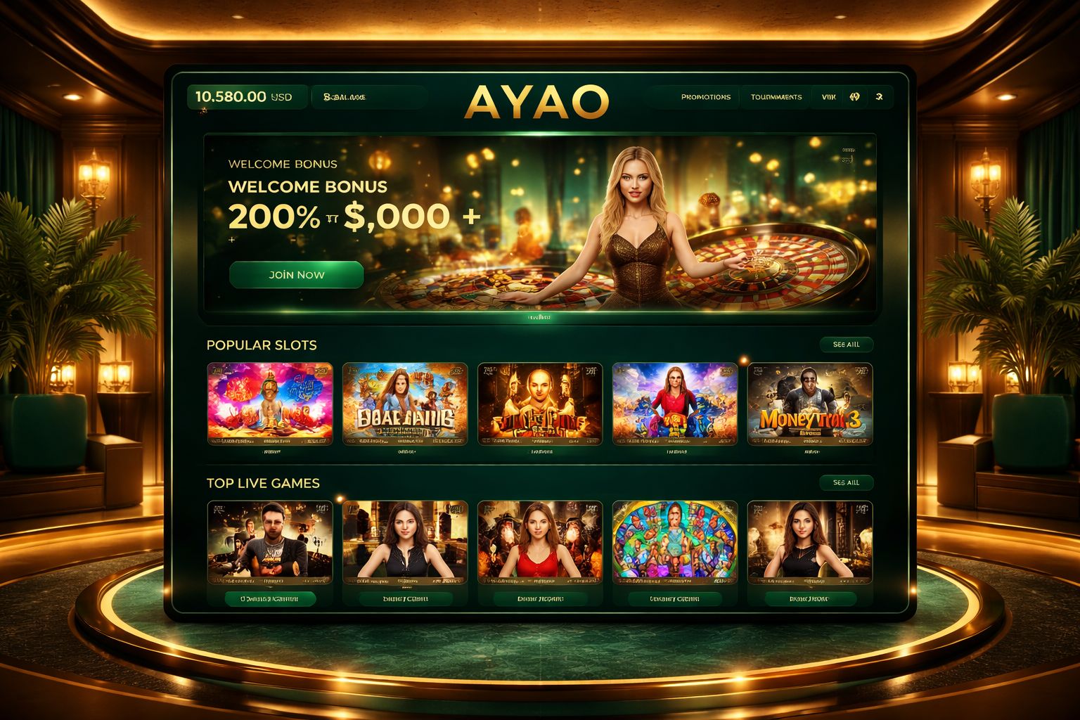 Vista de la plataforma AYAO Casino mostrando categorías y acceso a juegos