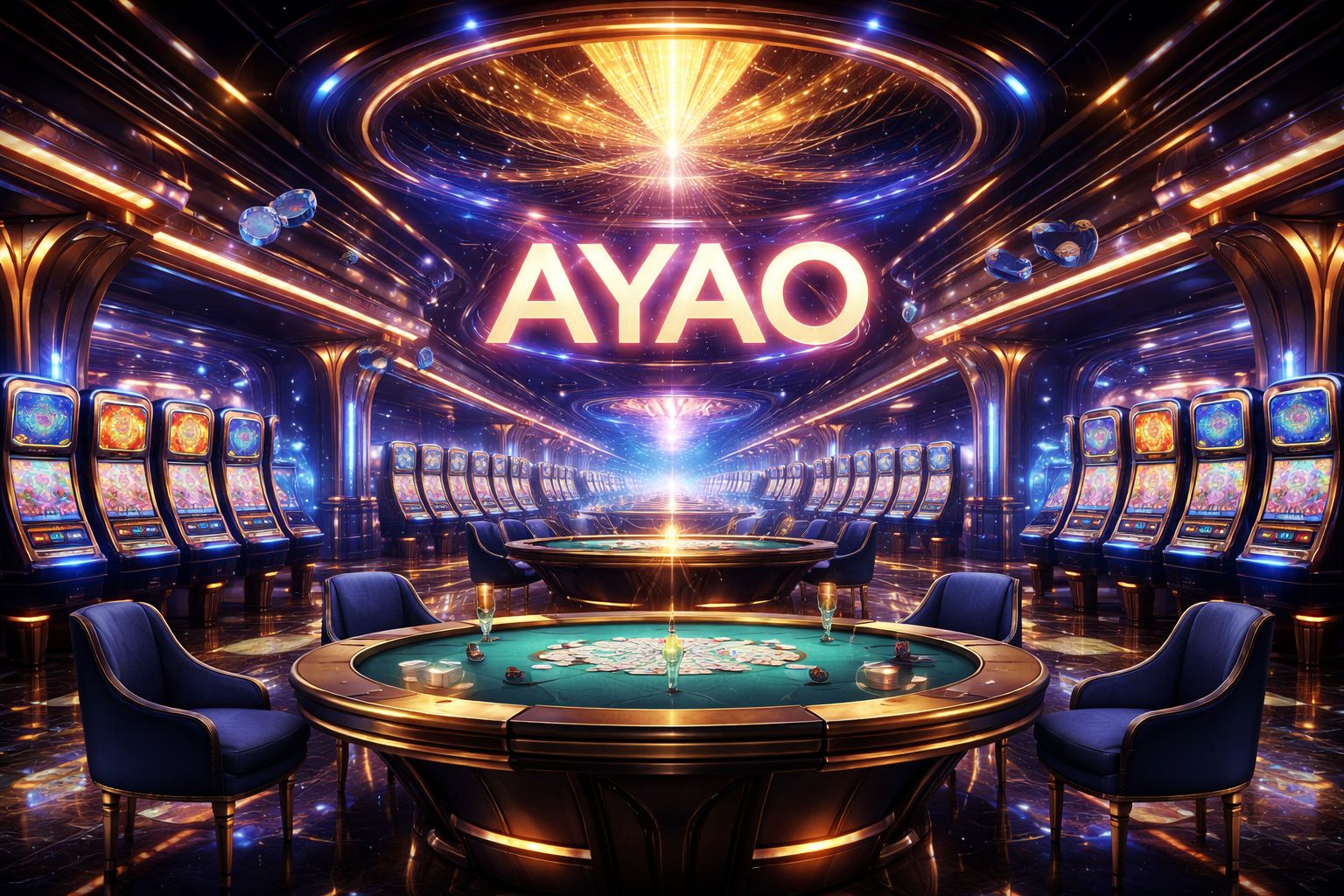 Un salón de juegos dinámico con temática AYAO con mesas brillantes, cartas, fichas y pantallas digitales de tragamonedas.