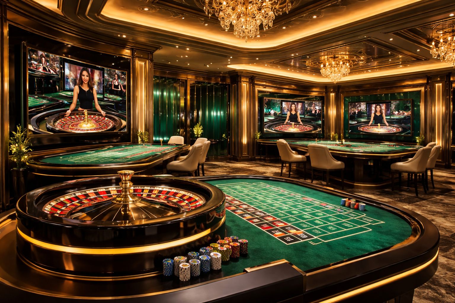 Un moderno montaje de casino en vivo con mesas iluminadas, pantallas de transmisión y una atmósfera premium para juego móvil.