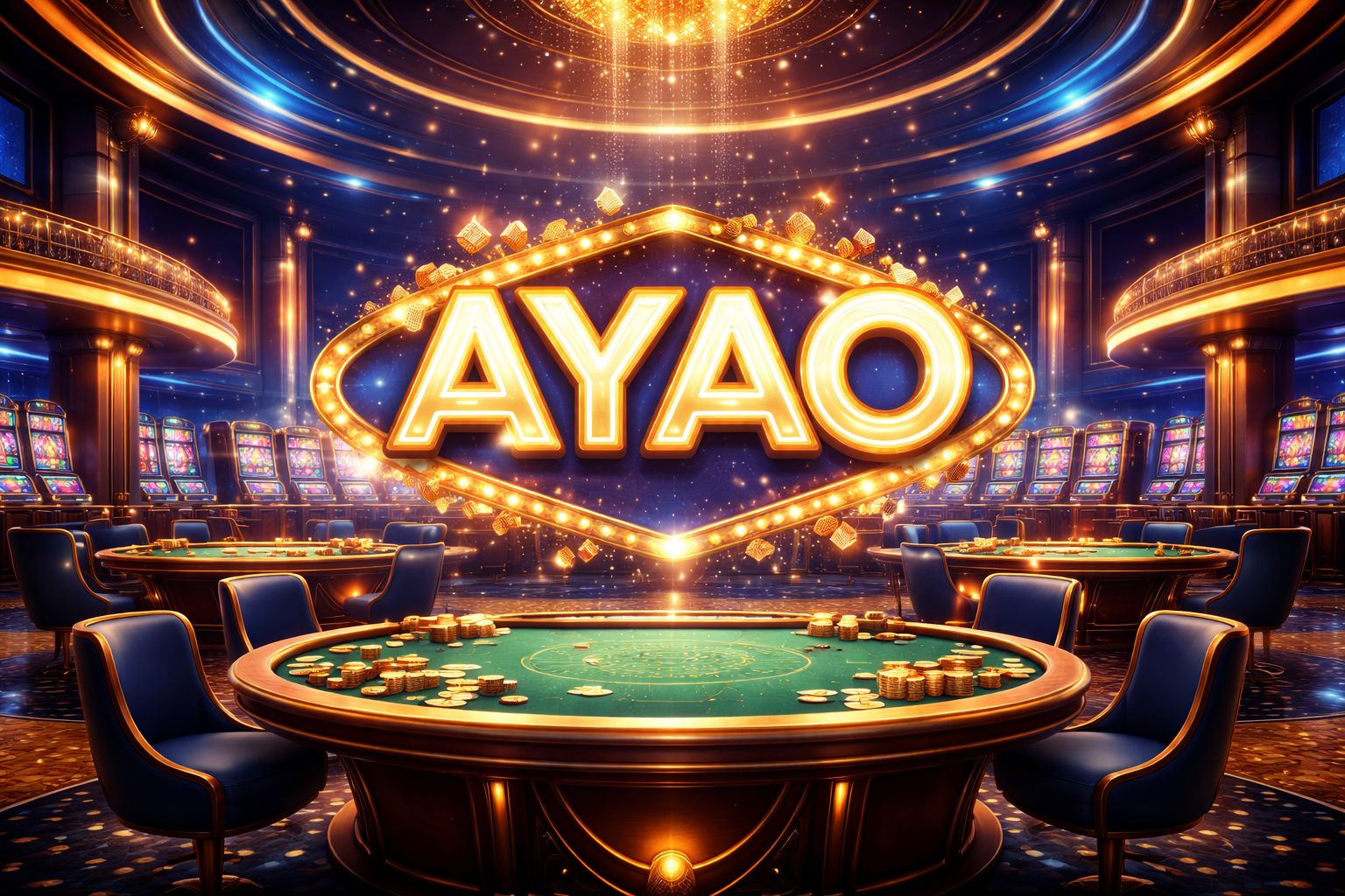 Una vibrante escena digital de casino con AYAO mostrado prominentemente, luces brillantes, elementos de juego y una atmósfera de celebración.