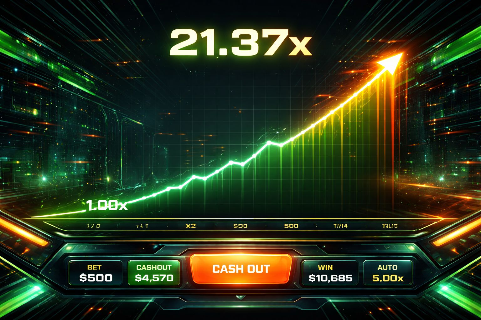 Pantalla de un juego rápido estilo crash en AYAO con multiplicadores en aumento y un momento de acción tenso.